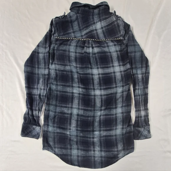 Miss Me Womens M Plaid Flannel Long Slv Button Up Shirt Blue Tunic Length Studed - Picture 6 of 7